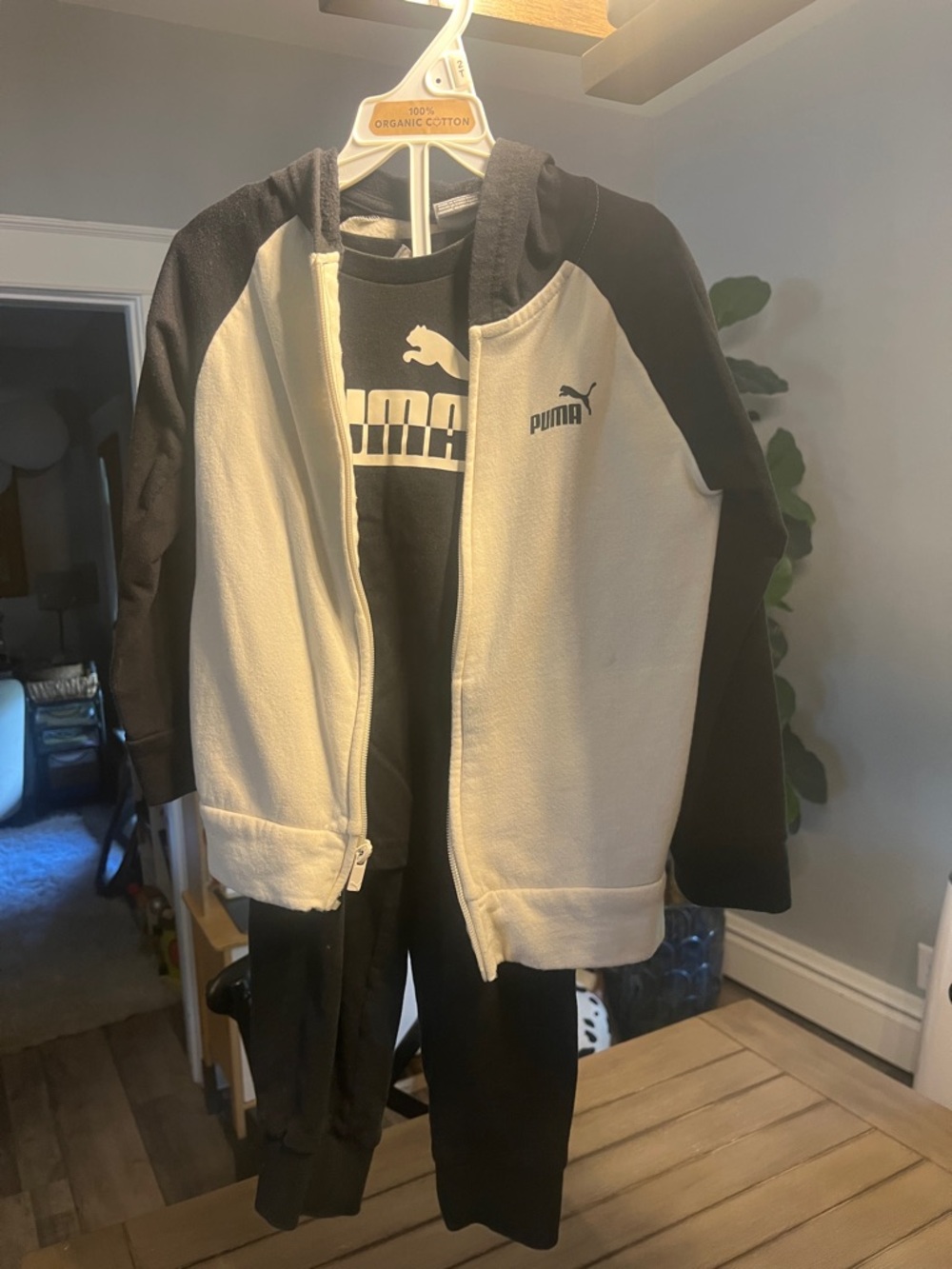 Puma Kids Black & Cream Zip Hoodie Jacket, Black Puma Logo Tee & Track Pants
